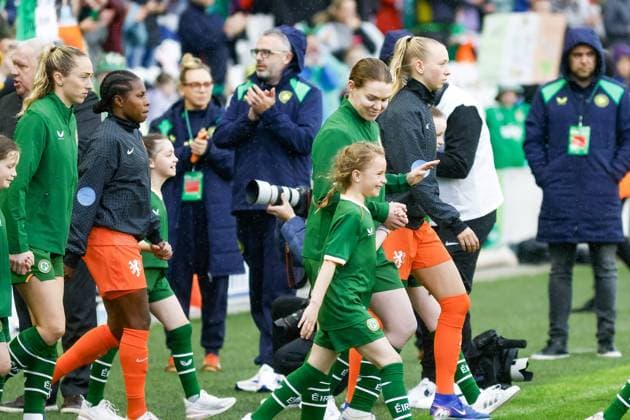 CORK, 05-06-2026 , Pairc Ui Chaoimh , season 2025 2026 , UEFA worldcup qualification football , match between Ireland and The Netherlands (women) , picture shows players enter the pitch Ireland - Netherlands (women)  x204172741x Copyright:
