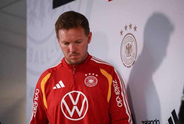 Soccer World Cup 2026 preparation Germany in Chicago 05 06 2026 Press conference of the German national team at Solider Field Stadium before the test match against the USA National coach Julian Nagelsmann arrives for the press conference