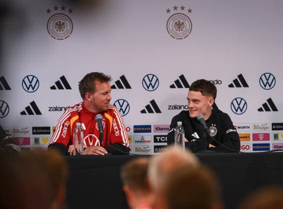 Soccer World Cup 2026 preparation Germany in Chicago 05 06 2026 Press conference of the German national team at Solider Field Stadium before the test match against the USA National coach Julian Nagelsmann left and Florian Wirtz right