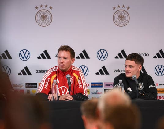 Soccer World Cup 2026 preparation Germany in Chicago 05 06 2026 Press conference of the German national team at Solider Field Stadium before the test match against the USA National coach Julian Nagelsmann left and Florian Wirtz right