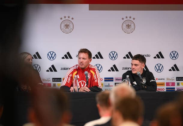 Soccer World Cup 2026 preparation Germany in Chicago 05 06 2026 Press conference of the German national team at Solider Field Stadium before the test match against the USA National coach Julian Nagelsmann left and Florian Wirtz right