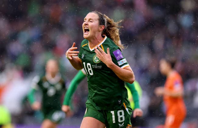 2027 FIFA Women s World Cup Qualifier, SuperValu Pairc Ui Chaoimh, Cork 5 6 2026 Republic of Ireland WNT vs The Netherlands Ireland s Kyra Carusa celebrates scoring her side™s first goal of the game Kyra Carusa celebrates scoring her side™s first goal of the game 5 6 2026  Copyright: x INPHO BenxBradyx BB3_0262