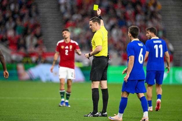 IPA85363330 - Yellow card for Attila Osvath (Hungary) during the UEFA friendly match between Hungary vs Finland, 5th June 2026 at the Puskas Arena, Budapest, Hungary  Copyright: xVincenzoxOrlando IPAxSportx xx 85363330
