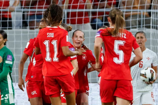 Goal celebration Switzerland at 5 1 by Geraldine Reuteler Switzerland, 06 , Switzerland, Football, World Cup Qualification Europe Women, Matchday 5, 2026, Switzerland vs Malta, 05 06 2026, Lugano AIL Arena Switzerland Copyright: xGrantxHubbsx
