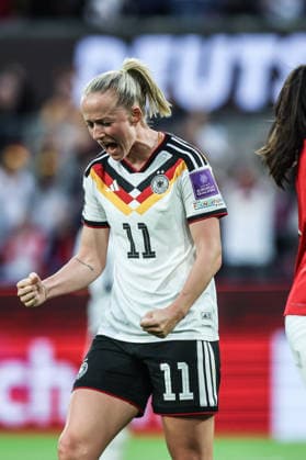 Sport, Soccer, World Cup Qualification Europe Women Season 2026 League A Group 4 5 Matchday Germany Norway 05 06 2026, RheinEnergieSTADION Goal celebration Germany after the goal to 2 0, Lea Schüller Germany celebrates Cologne RheinEnergieSTADION North Rhine-Westphalia Germany