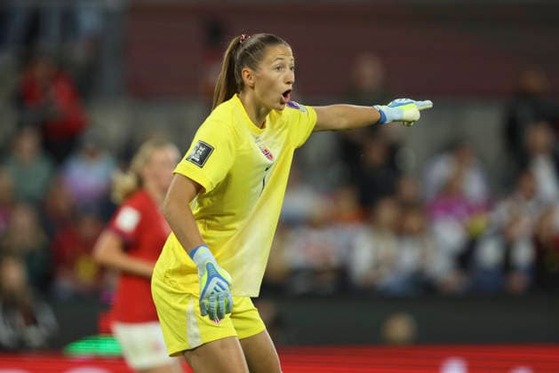 Goalkeeper Cecilie Fiskerstrand Norway gestures during the FIFA Women s World Cup 2027 Qualifier match between Germany and Norway at RheinEnergieStadion on June 5, 2026 in Cologne, Germany Photo by Oliver Kaelke DeFodi Images