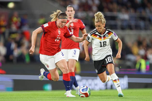 Signe Gaupset Norway and Linda Dallmann Germany battle for the ball during the FIFA Women s World Cup 2027 Qualifier match between Germany and Norway at RheinEnergieStadion on June 5, 2026 in Cologne, Germany Photo by Oliver Kaelke DeFodi Images