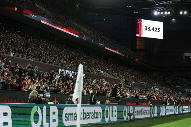 Sport, Football, World Cup Qualification Europe Women Season 2026 League A Group 4 5 Matchday Germany Norway 05 06 2026, RheinEnergieSTADION Fans in the stadium, 33 425 spectators watch the international match, Announcement on the scoreboard Cologne RheinEnergieSTADION North Rhine-Westphalia Germany