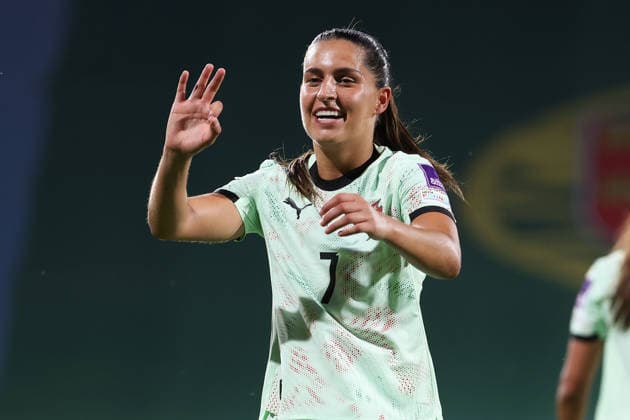 Francisca Kika Nazareth Portugal celebrate the goal to 3 0 during the FIFA Women s World Cup Brazil 2027 Qualifiers League B, Group B3 Matchday 5 match between Portugal and Latvia at Estadio Antonio Coimbra da Mota on June 5, 2026, in Estoril, Portugal Copyright: JoaquimxFerreira