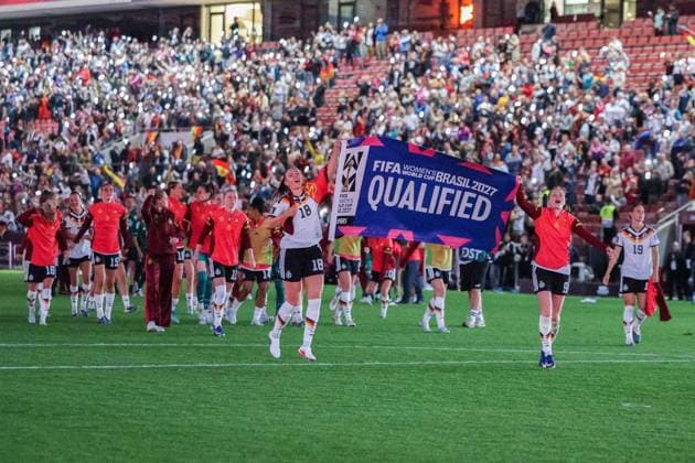 Soccer Womens World Cup Qualification Germany Norway on 05 06 2026 at RheinEnergieStadion in Cologne Melissa Kössler Germany , left Sjoeke Nüsken Germany , right celebrate the qualification for the World Cup DFB regulations prohibit any use of photographs as image sequences and or quasi video xJRx