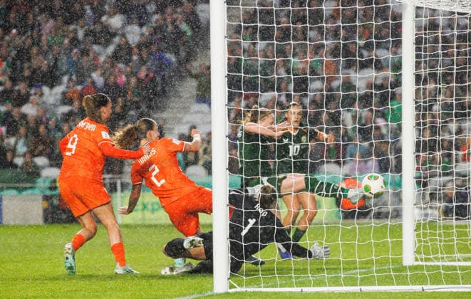 2027 FIFA Women s World Cup Qualifier, SuperValu Pairc Ui Chaoimh, Cork 5 6 2026 Republic of Ireland WNT vs The Netherlands Ireland s Amber Barrett shoots to score her side s third goal of the match Amber Barrett shoots to score her side s third goal of the match 5 6 2026  Copyright: x INPHO TomxMaherx ISS_1341-2