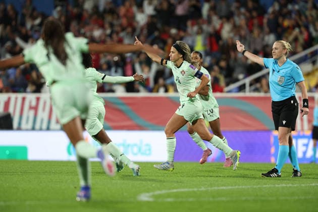 Dolores Silva Portugal celebrate the goal to 5 0 during the FIFA Women s World Cup Brazil 2027 Qualifiers League B, Group B3 Matchday 5 match between Portugal and Latvia at Estadio Antonio Coimbra da Mota on June 5, 2026, in Estoril, Portugal Copyright: JoaquimxFerreira