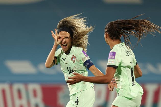 Dolores Silva Portugal , JÃ ssica Silva Portugal celebrate the goal to 5 0 during the FIFA Women s World Cup Brazil 2027 Qualifiers League B, Group B3 Matchday 5 match between Portugal and Latvia at Estadio Antonio Coimbra da Mota on June 5, 2026, in Estoril, Portugal Copyright: JoaquimxFerreira
