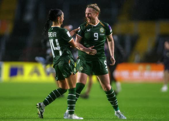2027 FIFA Women s World Cup Qualifier, SuperValu Pairc Ui Chaoimh, Cork 5 6 2026 Republic of Ireland WNT vs The Netherlands Ireland s Amber Barrett celebrates scoring her side™s third goal of the game with Marissa Sheva Amber Barrett celebrates scoring her side™s third goal of the game with Marissa Sheva 5 6 2026  Copyright: x INPHO BenxBradyx BB3_3922