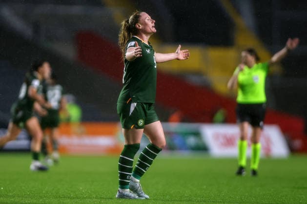 2027 FIFA Women s World Cup Qualifier, SuperValu Pairc Ui Chaoimh, Cork 5 6 2026 Republic of Ireland WNT vs The Netherlands Ireland s Amber Barrett reacts Amber Barrett reacts 5 6 2026  Copyright: x INPHO BenxBradyx BB3_3794
