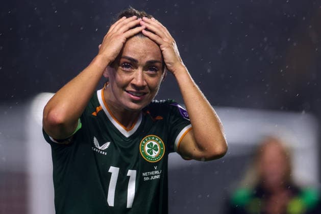 2027 FIFA Women s World Cup Qualifier, SuperValu Pairc Ui Chaoimh, Cork 5 6 2026 Republic of Ireland WNT vs The Netherlands Ireland s Katie McCabe celebrates after the game Katie McCabe celebrates after the game 5 6 2026  Copyright: x INPHO BenxBradyx BB3_4369