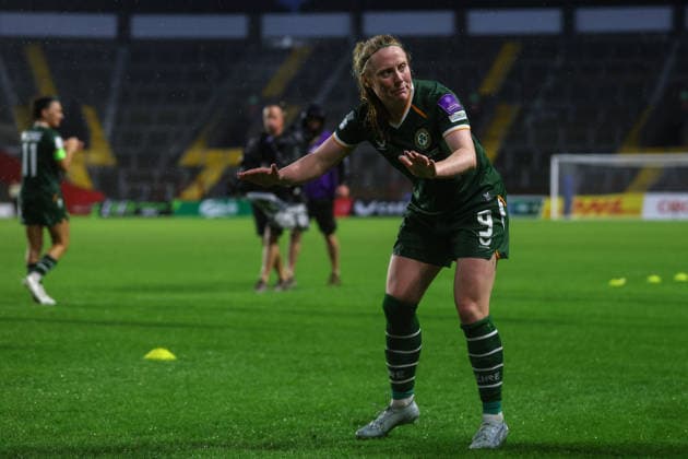 2027 FIFA Women s World Cup Qualifier, SuperValu Pairc Ui Chaoimh, Cork 5 6 2026 Republic of Ireland WNT vs The Netherlands Ireland s Amber Barrett celebrates after the game Amber Barrett celebrates after the game 5 6 2026  Copyright: x INPHO BenxBradyx BB2_3338