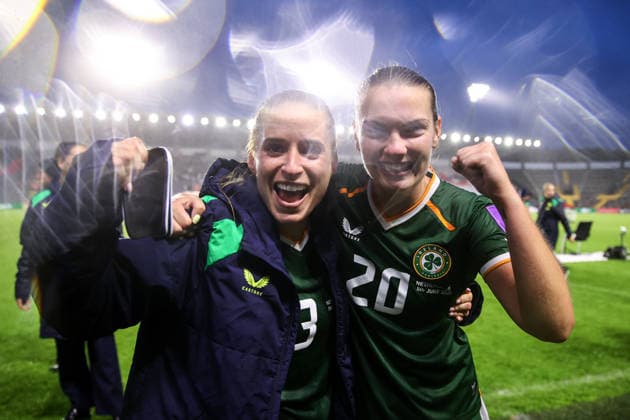 2027 FIFA Women s World Cup Qualifier, SuperValu Pairc Ui Chaoimh, Cork 5 6 2026 Republic of Ireland WNT vs The Netherlands Ireland s Chloe Mustaki and Saoirse Noonan celebrate after the game Chloe Mustaki and Saoirse Noonan celebrate after the game 5 6 2026  Copyright: x INPHO BenxBradyx BB1_0218