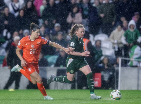2027 FIFA Women s World Cup Qualifier, SuperValu Pairc Ui Chaoimh, Cork 5 6 2026 Republic of Ireland WNT vs The Netherlands Ireland s Amber Barrett is challenged by Dominique Janssen of Netherlands Amber Barrett is challenged by Dominique Janssen 5 6 2026  Copyright: x INPHO TomxMaherx RDR_3337