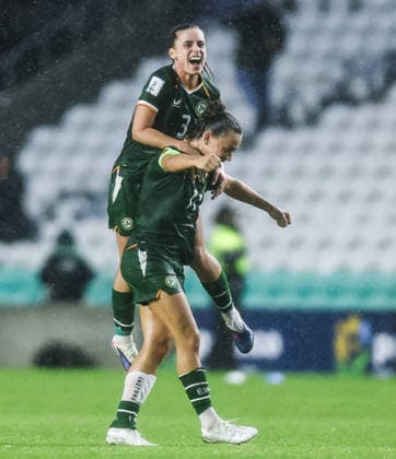 2027 FIFA Women s World Cup Qualifier, SuperValu Pairc Ui Chaoimh, Cork 5 6 2026 Republic of Ireland WNT vs The Netherlands Ireland s Katie McCabe and Chloe Mustaki celebrate winning Katie McCabe and Chloe Mustaki celebrate winning 5 6 2026  Copyright: x INPHO TomxMaherx RDR_3467
