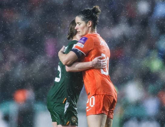 2027 FIFA Women s World Cup Qualifier, SuperValu Pairc Ui Chaoimh, Cork 5 6 2026 Republic of Ireland WNT vs The Netherlands Ireland s Aoife Mannion and Dominique Janssen of Netherlands after the game Aoife Mannion and Dominique Janssen after the game 5 6 2026  Copyright: x INPHO TomxMaherx RDR_3573