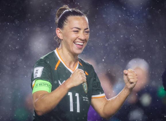 2027 FIFA Women s World Cup Qualifier, SuperValu Pairc Ui Chaoimh, Cork 5 6 2026 Republic of Ireland WNT vs The Netherlands Ireland s Katie McCabe celebrates winning the game Katie McCabe celebrates winning the game 5 6 2026  Copyright: x INPHO TomxMaherx RDR_3947