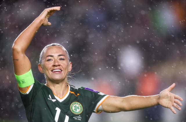 2027 FIFA Women s World Cup Qualifier, SuperValu Pairc Ui Chaoimh, Cork 5 6 2026 Republic of Ireland WNT vs The Netherlands Ireland s Katie McCabe celebrates winning the game Katie McCabe celebrates winning the game 5 6 2026  Copyright: x INPHO TomxMaherx RDR_4065