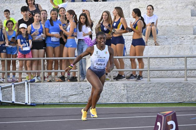 IPA85370499 - Rome , Italy. 05 June, 2026. Kelly Doualla celabrates the vicotry of the 4x100 meters mixed relay during the International Athletics Meeting Roma Sprint Festival 2026 at Stadio dei Marmi. Credit Roberto Bettacchi  Copyright: xRobertoxBettacchi IPAxSportx xx 85370499