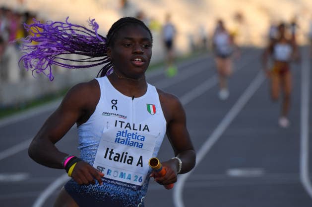 IPA85370415 - Rome , Italy. 05 June, 2026. Kelly Doualla winning the 4z100 meters mixed relay during the International Athletics Meeting Roma Sprint Festival 2026 at Stadio dei Marmi. Credit Roberto Bettacchi  Copyright: xRobertoxBettacchi IPAxSportx xx 85370415