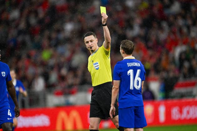 FOOTBALL - Friendly - Hungary vs Finland Photo by IPA ABACAPRESS.COM85363965 - Yellow card for Anssi Suhonen (Finland) during the UEFA friendly match between Hungary vs Finland, 5th June 2026 at the Puskas Arena, Budapest, Hungary Budapest Hungary  Copyright: xIPAxSport ABACAx