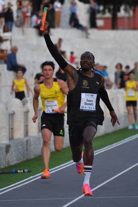 IPA85370608 - Rome , Italy. 05 June, 2026. Andy Diaz Hernandez winning the 4x100 meter relay during the International Athletics Meeting Roma Sprint Festival 2026 at Stadio dei Marmi. Credit Roberto Bettacchi  Copyright: xRobertoxBettacchi IPAxSportx xx 85370608