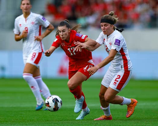 05 06 2026, Soccer, Womens World Cup Qualification Switzerland Malta, Lugano, AIL Arena Seraina Piubel 17, A Team Switzerland with a strong duel against Alexandra Gatt 2, A Team Malta Photo Urs Ottiger IMAGO Lugano AIL Arena Ticino Switzerland