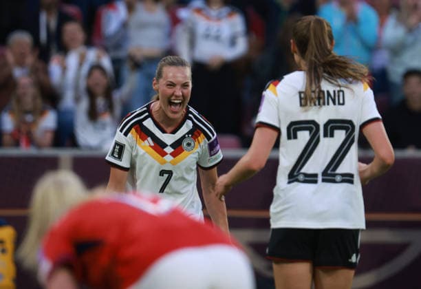 Goal celebration 1 0 by Marie Müller GER, L with Jule Brand GER , Womens World Cup Qualification Group A4, Germany vs Norway, Cologne, 05 06 2026