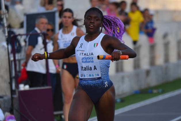 ATHLETICS - Athletics Nationals - Rome Sprint Festival Photo by IPA ABACAPRESS.COM85370579 - Rome , Italy. 05 June, 2026. Kelly Doualla winning the 4x100 meters mixed relay during the International Athletics Meeting Roma Sprint Festival 2026 at Stadio dei Marmi. Credit Roberto Bettacchi Rome Italy  Copyright: xIPAxSport ABACAx