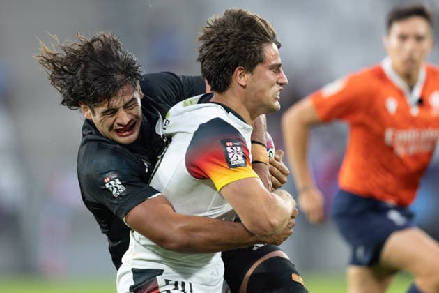 New Zealand Germany, SVNS Rugby World Championship Rob Rush New Zealand tackles Lennox Wiese Germany, 20 Second group match of the German team against the All Blacks Sevens from New Zealand Third tournament of the SVNS World Championship, Sevens Rugby World Cup from June 5 to 7, 2026 in Bordeaux France Day 1, group matches on June 5, 2026 , Bordeaux Region Nouvelle Aquitaine France Stade Atlantique