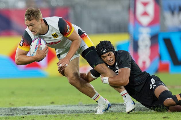 New Zealand Germany, SVNS Rugby World Championship Tackle by New Zealander Roderick Solo against Philip Gleitze Germany, 11 Second group match of the German team against the All Blacks Sevens from New Zealand Third tournament of the SVNS World Championship, Sevens Rugby World Cup from June 5 to 7, 2026 in Bordeaux France Day 1, group matches on June 5, 2026 , Bordeaux Region Nouvelle Aquitaine France Stade Atlantique