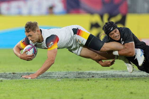 New Zealand Germany, SVNS Rugby World Championship Tackle by New Zealander Roderick Solo against Philip Gleitze Germany, 11 Second group match of the German team against the All Blacks Sevens from New Zealand Third tournament of the SVNS World Championship, Sevens Rugby World Cup from June 5 to 7, 2026 in Bordeaux France Day 1, group matches on June 5, 2026 , Bordeaux Region Nouvelle Aquitaine France Stade Atlantique