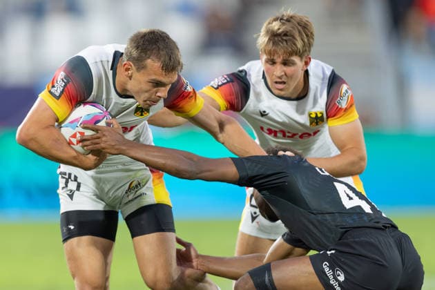 New Zealand Germany, SVNS Rugby World Championship Cedric Eichholz Germany, 54 keeps New Zealands Kele Lasaqa at bay In the background Michael Goedeke Germany, 25 Second group match of the German team against the All Blacks Sevens from New Zealand Third tournament of the SVNS World Championship, Sevens Rugby World Cup from June 5 to 7, 2026 in Bordeaux France Day 1, group matches on June 5, 2026 , Bordeaux Region Nouvelle Aquitaine France Stade Atlantique