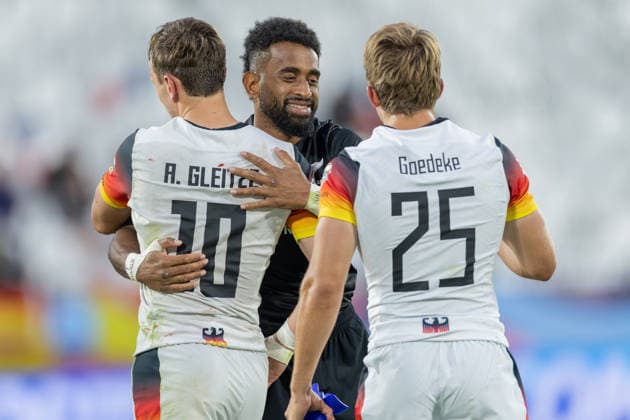New Zealand Germany, SVNS Rugby World Championship Akuila Rokolisoa New Zealand says goodbye to Anton Gleitze Germany, 10 and Michael Goedeke Germany, 25 Second group match of the German team against the All Blacks Sevens from New Zealand Third tournament of the SVNS World Championship, Sevens Rugby World Cup from June 5 to 7, 2026 in Bordeaux France Day 1, group matches on June 5, 2026 , Bordeaux Region Nouvelle Aquitaine France Stade Atlantique