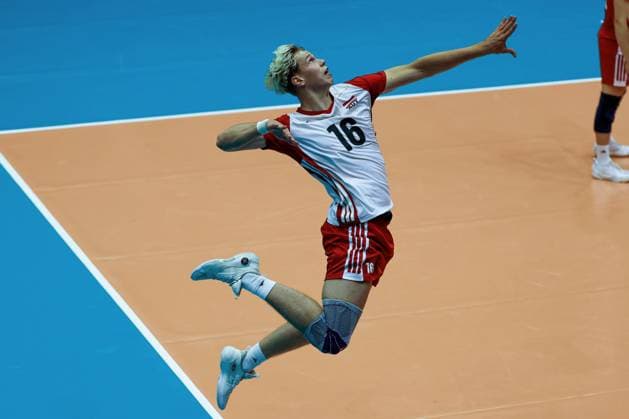 05.June. 2026 – Volleyball – CEV Volleyball European League 2026 - Men , FINLAND vs AUSTRIA Lukas Glatz (Austria) serves the ball Lower Austria Lower Austria , AUSTRIA – Multiversum Schwechat Multiversum Schwechat AUSTRIA