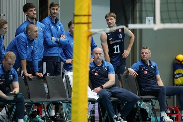 05.June. 2026 – Volleyball – CEV Volleyball European League 2026 - Men , FINLAND vs AUSTRIA Head Coach Olli Kunnari (Finland) and team Finland in action Lower Austria Lower Austria , AUSTRIA – Multiversum Schwechat Multiversum Schwechat AUSTRIA
