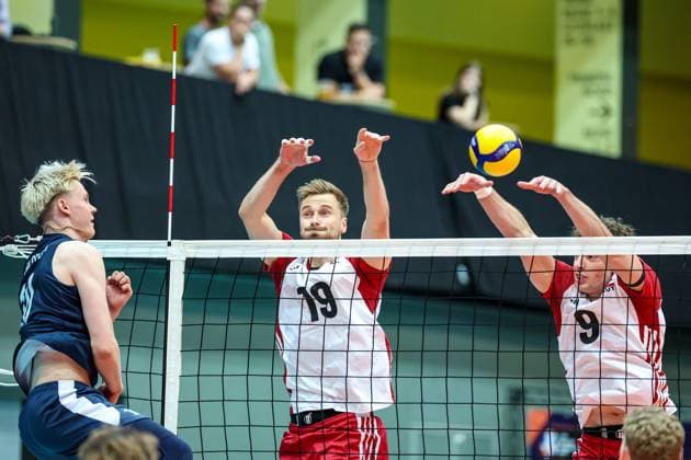 05.June. 2026 – Volleyball – CEV Volleyball European League 2026 - Men , FINLAND vs AUSTRIA Luka Marttila (Finland) spikes the ball and Paul Buchegger (Austria), Sebastian Sablatnig (Austria) blocks the ball Lower Austria Lower Austria , AUSTRIA – Multiversum Schwechat Multiversum Schwechat AUSTRIA