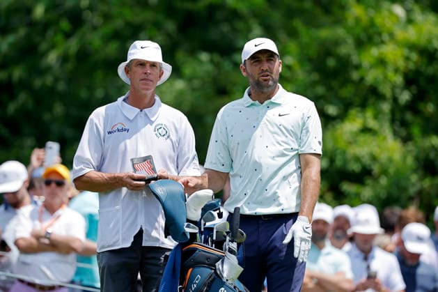 DUBLIN, OH - JUNE 05: Scottie Scheffler of United States of America with caddie Ted Scott at the fifteenth hole during the second round of the Memorial Tournament presented by Workday 2026 on June 05, 2026 at Muirfield Village Golf Club in Dublin, Ohio. (Photo by Joe Robbins Icon Sportswire) GOLF: JUN 05 PGA, Golf Herren the Memorial Tournament presented by Workday EDITORIAL USE ONLY Icon5732606050022