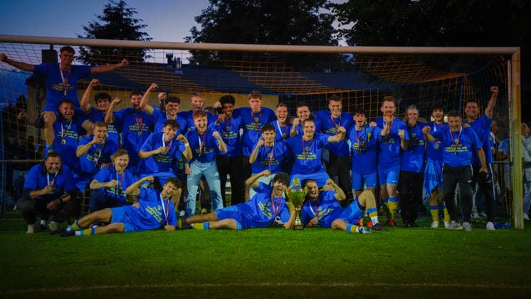 Soccer, Men, Season 2025 2026, Landesliga Süd Brandenburg, Matchday 29, FSV 63 Luckenwalde II vs SG Phönix Wildau, Friday 05 06 2026, Sportplatz am Baruther Tor Luckenwalde, In the picture winner photo after the championship of FSV 63 Luckenwalde II in the Landesliga Brandenburg Brandenburg Germany