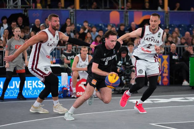 June 5, 2026, Warsaw, Masovian Voivodeship, Poland: Latvia s KARLIS LASMANIS (2), ZIGMARS RAIMO (9) and New Zealand s JOSHUA BOOK (8) in action during a FIBA 3x3 Basketball World Cup men s last 16 game between Latvia and New Zealand in Warsaw, Poland. Basketball 2026: FIBA 3x3 World Cup Men s Last 16: Latvia 21:19 New Zealand  - ZUMAk204 20260605_zip_k204_018 Copyright: xRomanxKozielx
