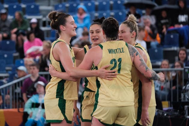 June 5, 2026, Warsaw, Masovian Voivodeship, Poland: Australia s AMY ATWELL (25), EMMA CLARKE (77), HANNAH HANK (12), and MARENA WHITTLE (21) celebrate victory at the end of a FIBA 3x3 Basketball World Cup women s last 16 game between Australia and China in Warsaw, Poland. Warsaw Poland - ZUMAk204 20260605_zip_k204_040 Copyright: xRomanxKozielx