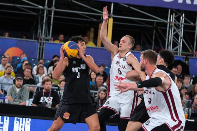 June 5, 2026, Warsaw, Masovian Voivodeship, Poland: Latvia s FRANCIS LACIS (6) ZIGMARS RAIMO (9) and New Zealand s TE TUHI LEWIS (13) in action during a FIBA 3x3 Basketball World Cup men s last 16 game between Latvia and New Zealand in Warsaw, Poland. Warsaw Poland - ZUMAk204 20260605_zip_k204_065 Copyright: xRomanxKozielx
