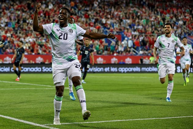 Fußball, Testspiel, Kanada - Irland International Friendly, Länderspiel, Nationalmannschaft Stade Saputo, MontrÃ Chiedozie Ogbene celebrates after he scores his sides 1st goal of the match 6 6 2026  Copyright: x INPHO RyanxByrnex RB2_9664