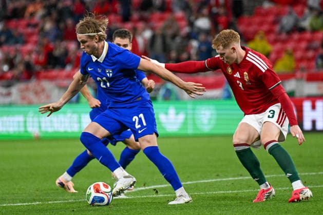 FOOTBALL - Friendly - Hungary vs Finland Photo by IPA ABACAPRESS.COM85365939 - Ville Koski (Finlandin action against Mark Csinger (Hungary) during the UEFA friendly match between Hungary vs Finland, 5th June 2026 at the Puskas Arena, Budapest, Hungary Budapest Hungary  Copyright: xIPAxSport ABACAx