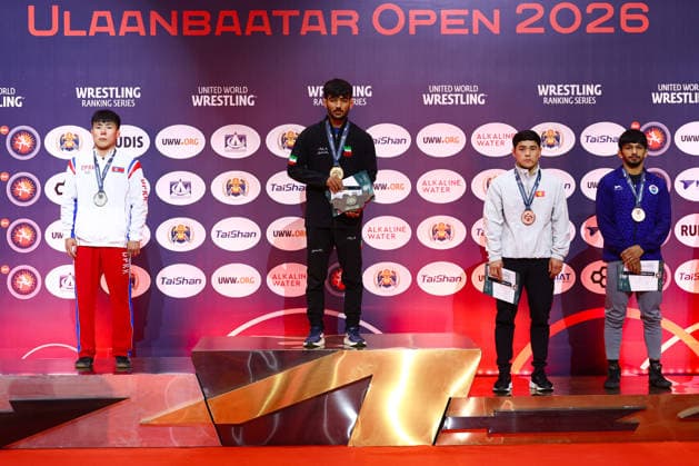 World Ranking Series Ulaanbaatar Open Podium 60kg GR Gold Ali Abdollah Ahmadi Vafa IRI , Silver Yu Chol Ro PRK , Bronze Akyl Sulaimanov KGZ , Sahil Sahil IND Copyright: xJakexKirkmanx xUnitedxWorldxWresx Jake Kirkman United World Wres